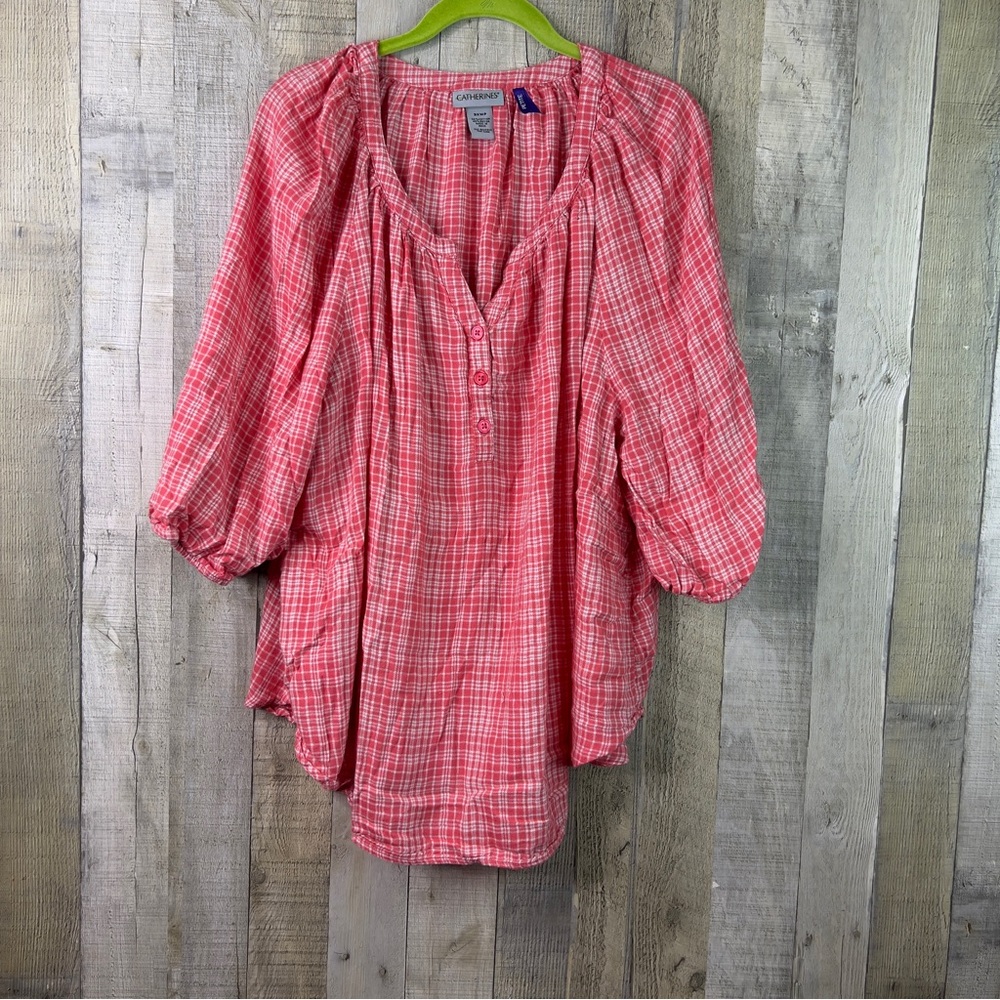 Catherine’s 3X Petite 1/2 Sleeve Salmon & White Peasant Top